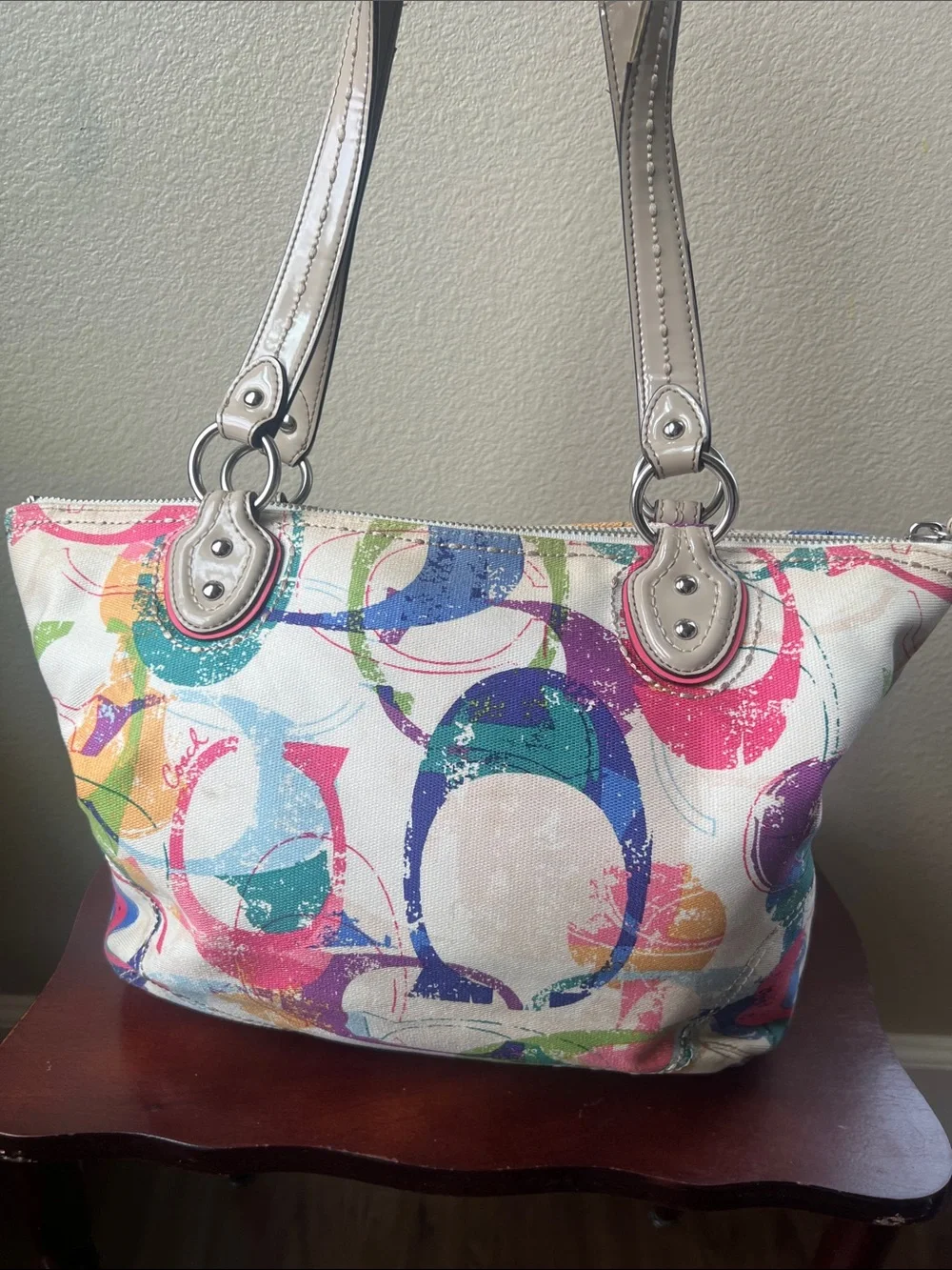 Coach Multicolor Circle Print Shoulder Bag with Silver Handles